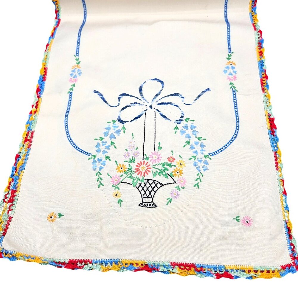 Vintage Hand-Embroidered Linen table runner floral basket design with picot edge